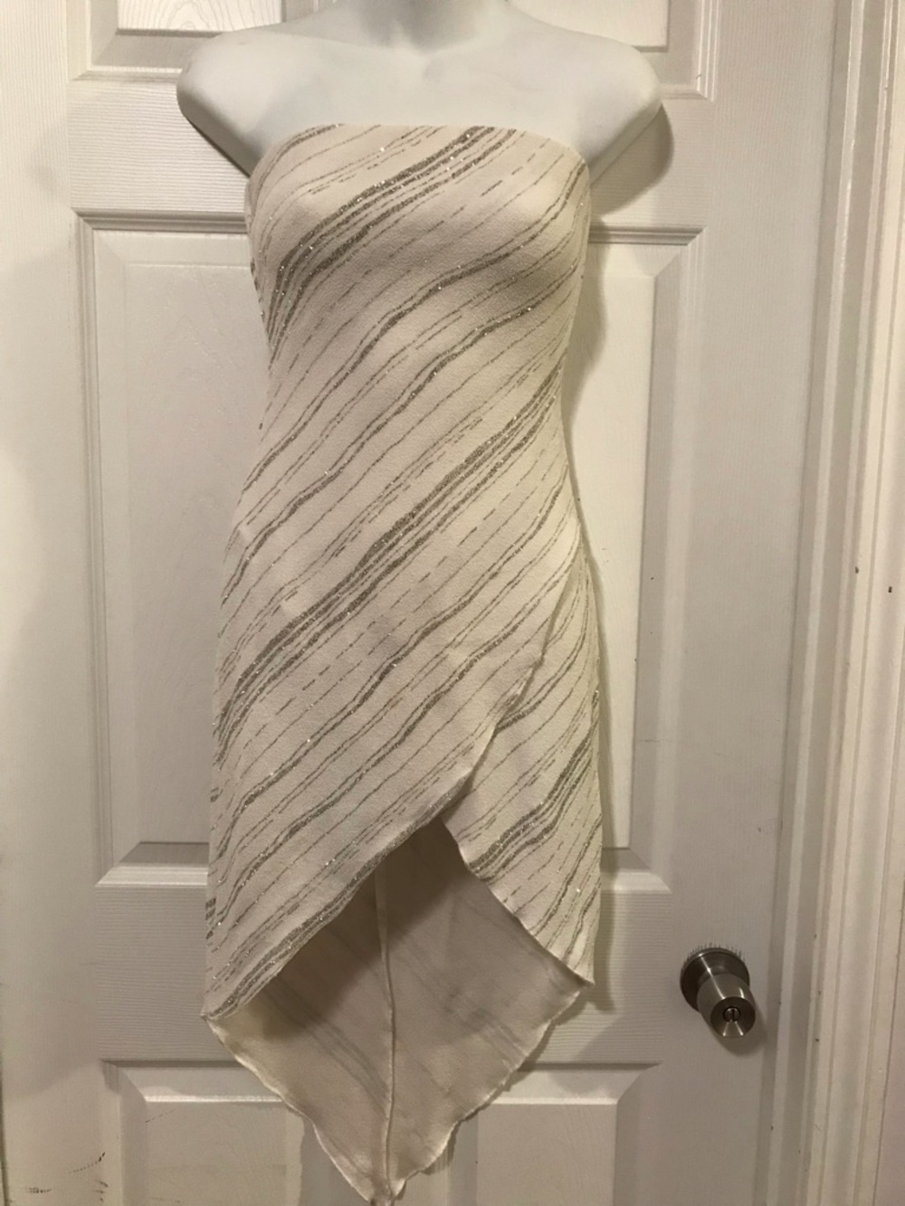Strapless Cream Handkerchief-Hem Dress with Metallic Accent